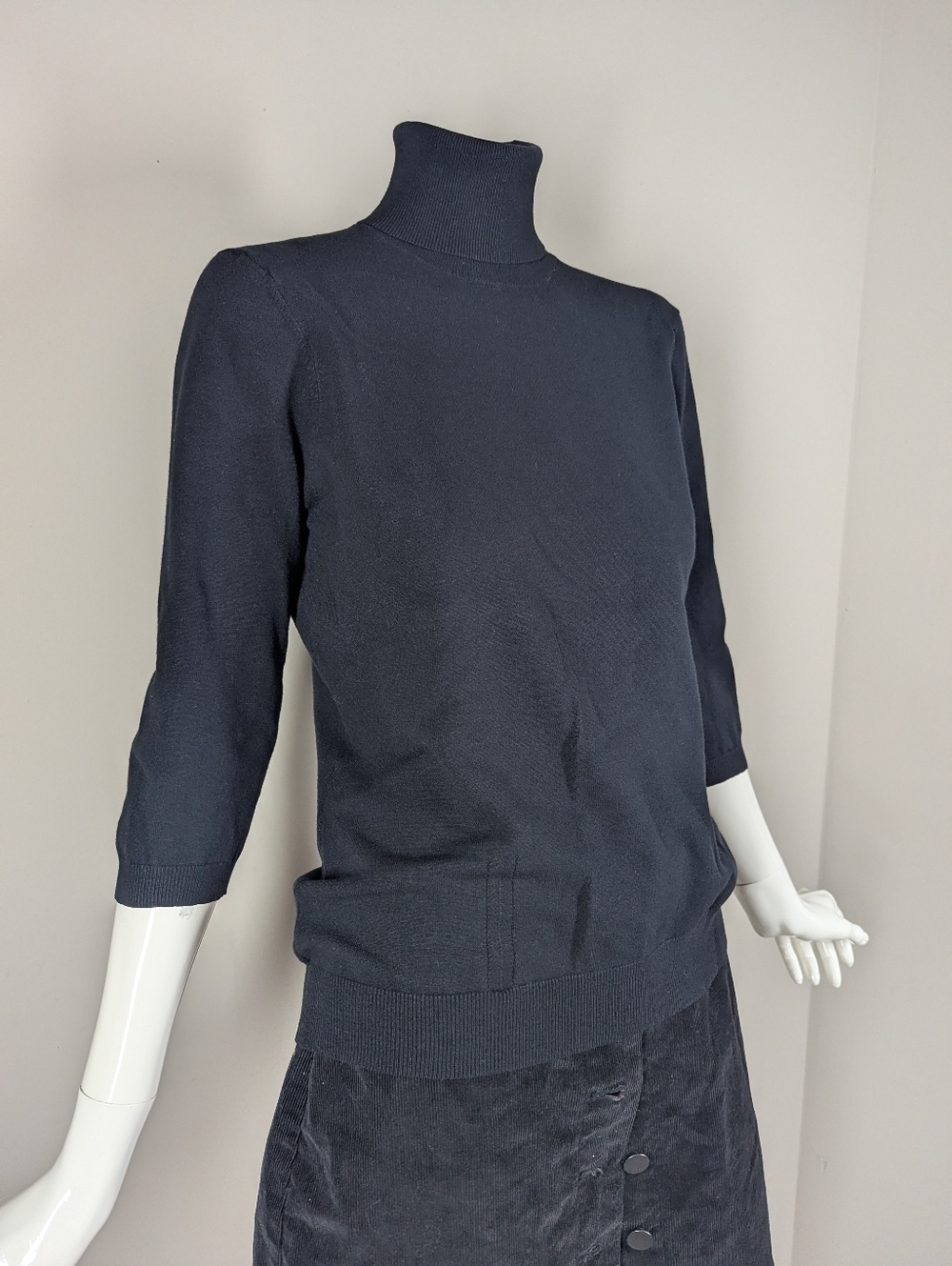 Teenflo Designer Black Turtleneck Sweater Minimalist Fitted Knit 3/4 Sleeve